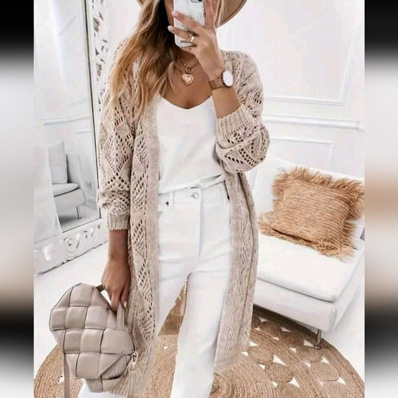 Sweaters - Casual Long Sleeve Solid Pointelle Knitted Cardigan - Button Front - Women's